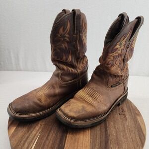 Mens Justin Original Workboots Waterproof Leather Square Toe Cowboy Boots Sz 8